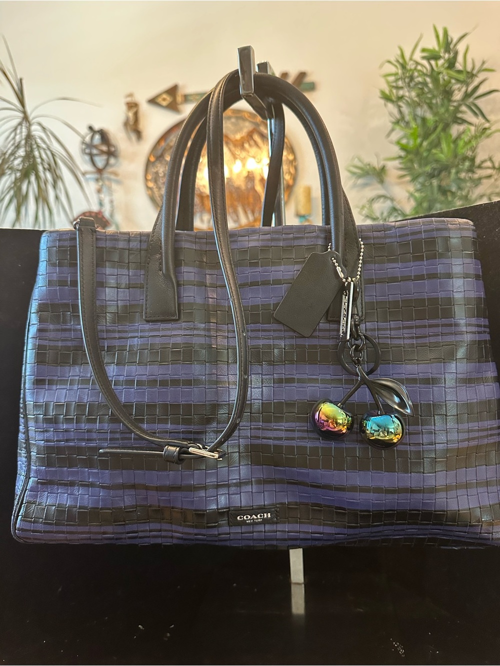 Coach#377 Bleecker Studio tote Blue & Black Woven embossed leather - Picture 5 of 15